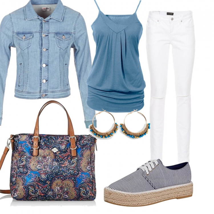 Outfit donna - Basic #5338. Stile Basic per Tutti i giorni. Abbinamento con top, jeans skinny, orecchini, giacche, borsa a mano blu, sneakers.