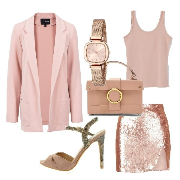 Outfit donna - W le donne!. Stile Sexy per Serata fuori. Abbinamento con vestiti corti, top, minigonna con spacco e paillettes coordinato beige, borsa a tracolla, sandali, orologi.