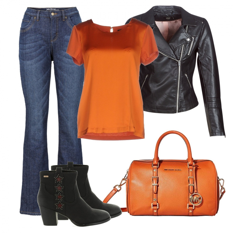 Outfit donna - Winter Sunset. Stile Urban per Tutti i giorni. Abbinamento con jeans bootcut, t-shirt, giacche, zaino arancione, stivaletti.