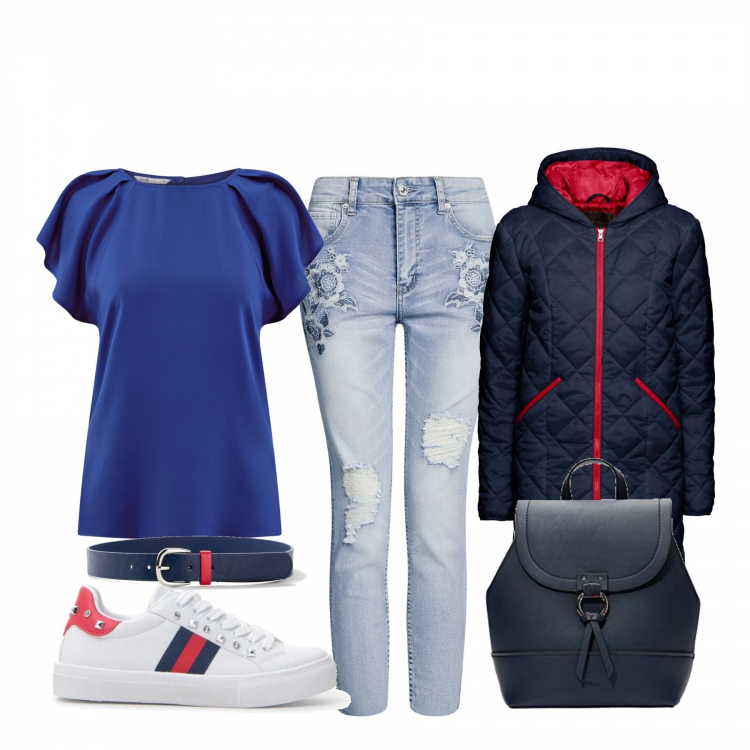 Outfit donna - Basic #5349. Stile Basic per Scuola/Università. Abbinamento con blazer, cintura contrasto blu, zaini, sneakers, camicetta farfalla aderente blu e bianco, jeans strappati.
