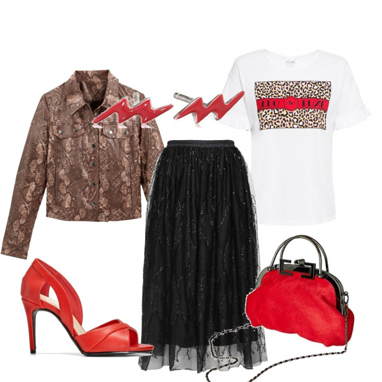 Outfit femme - Soirée concert. Style Rock pour Soirée dehors. Assortir avec t-shirts et polos, chaussure à talon, ceintures, parkas et blousons, clutchs et pochettes, boucles d'oreilles.