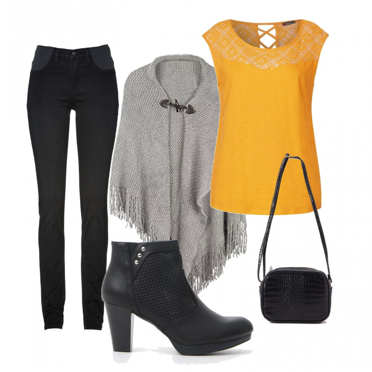 Outfit donna - Trendy #9592. Stile Trendy per Tutti i giorni. Abbinamento con jeans skinny, borse a tracolla, vestaglia giallo, stivaletti, cappotti.