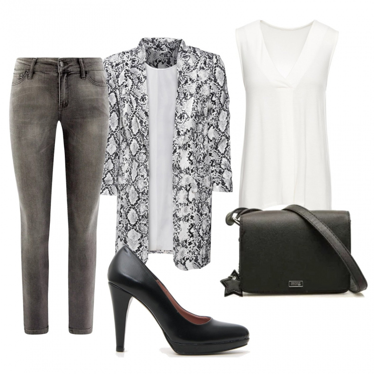 Outfit donna - Trendy #9593. Stile Trendy per Tutti i giorni. Abbinamento con top, blazer, borsa a tracolla nero, jeans skinny, décolleté.