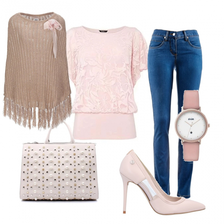 Outfit donna - Chic #5276. Stile Chic per Tutti i giorni. Abbinamento con jeans dritti, décolleté, cappa, borsetta avorio e beige, maglia con pizzo fantasia floreale con scollo a maniche corte rosa, orologi analogici.