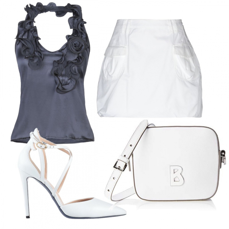 Outfit mujer - Bon Ton #4054. Estilo Bon Ton para Noche/Fiesta elegante. Combinación con bolso, minifaldas, top in raso, bailarinas y zapatos planos.