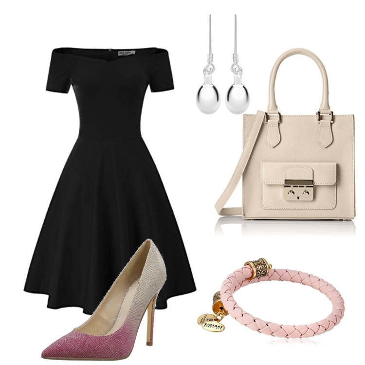 Outfit femme - Dîner chez le président. Style Bon Ton pour Soirée dehors. Assortir avec robes, chaussures à talons, bracelets, sacs à main, boucles d'oreilles.