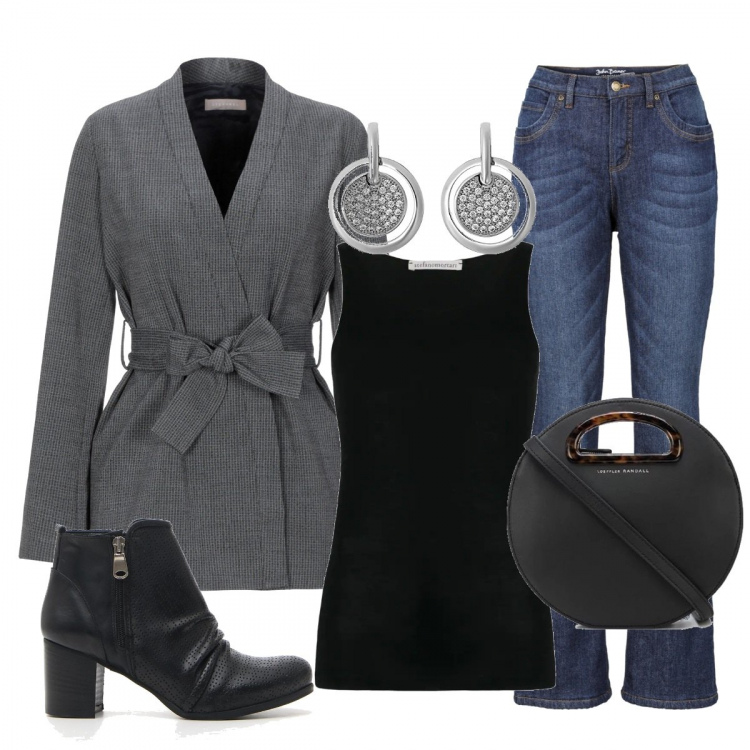 Outfit donna - Pizza a casa di amici. Stile Trendy per Serata fuori. Abbinamento con jeans bootcut, blazer, top, borsa a mano tote con stampa e zip con logo nero, orecchini a pendolo in sterling 925 argento, stivaletti.