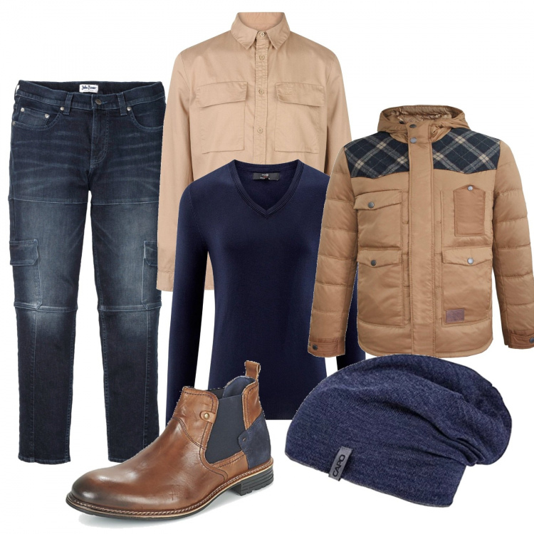 Outfit uomo - Casual #2918. Stile Casual per Ufficio. Abbinamento con jeans slim fit, stivaletti, camicia, giubbotto, berretti, maglione.