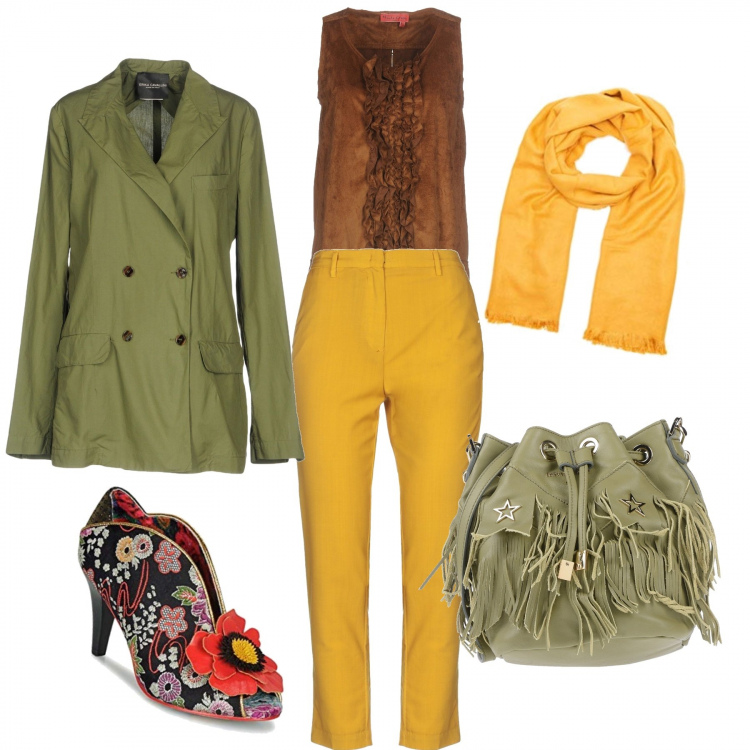 Outfit mujer - Excéntrico. Estilo Trendy para Todos los días. Combinación con zapatos de tacón fantasia floreale nero, sciarpa con stampa beige e oro, top, blazers, borsa a tracolla, pantalones largos.