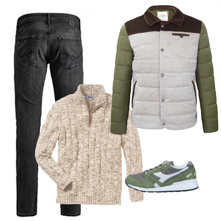 Outfit uomo - Trendy #1274. Stile Trendy per Tutti i giorni. Abbinamento con maglieria, sneakers, giubbotto, jeans slim fit in denim affusolato nero.