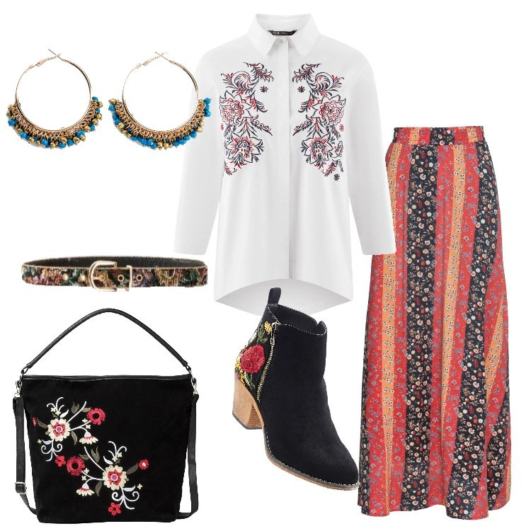 Outfit donna - 8 marzo Inspo Frida Kahlo. Stile Etnico per Tutti i giorni. Abbinamento con stivaletti, gonna longuette, borse a tracolla, orecchini, shopping bag, camicie.