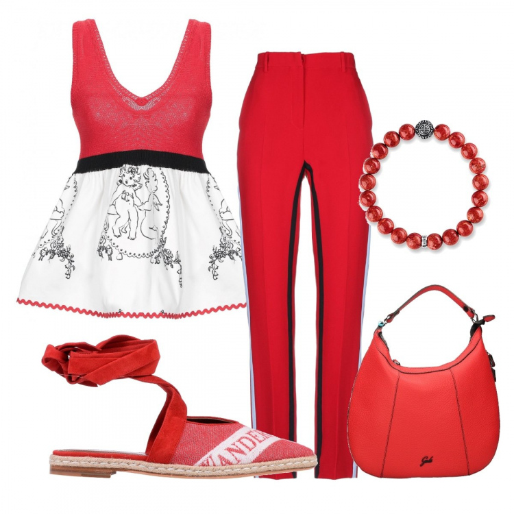 Outfit mujer - Trendy #9776. Estilo Trendy para Noche/Fiesta elegante. Combinación con pulseras, top a pois rosa e multicolore, bailarinas.