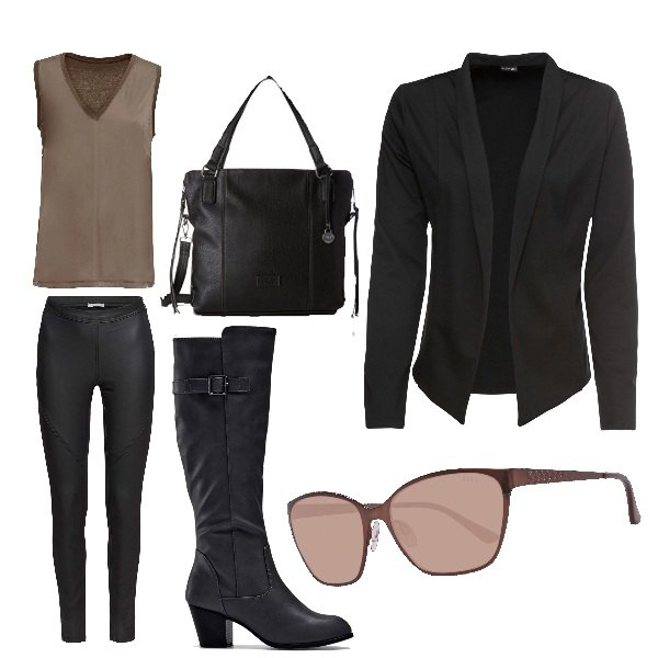 Outfit donna - Rock a Parigi. Stile Chic per Tutti i giorni. Abbinamento con stivali, top effetto satinato con scollo jersey marrone, blazer, pantaloni, occhiali da sole, borsa a spalla.