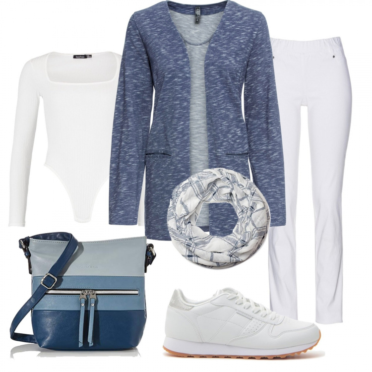 Outfit donna - Domenica pomeriggio. Stile Basic per Tutti i giorni. Abbinamento con pantaloni, blazer, body a coste con tacco squadrato e scollo bianco, sneakers, borse a tracolla, foulard.