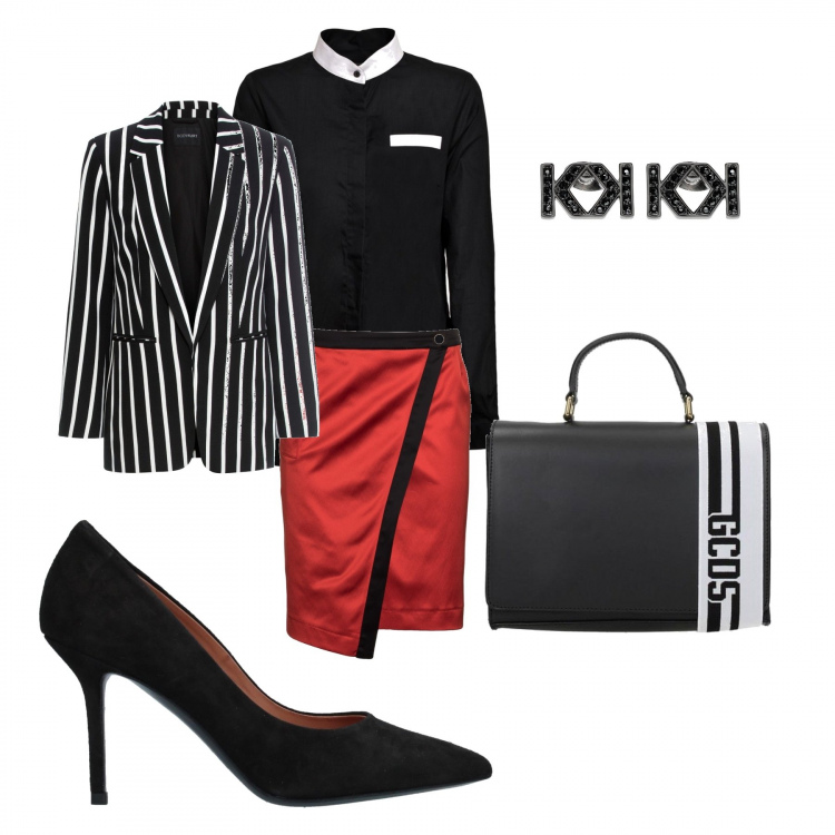 Outfit donna - Office time. Stile Basic per Ufficio. Abbinamento con blazer, orecchini, décolleté, borsa a mano, camicia, gonne.