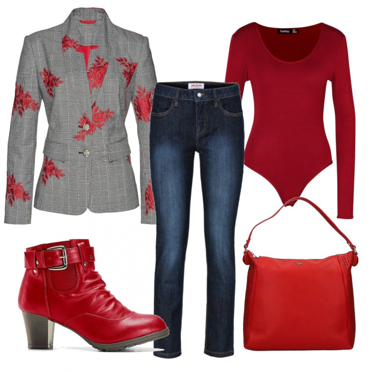 Outfit donna - Urban #4677. Stile Urban per Scuola/Università. Abbinamento con jeans slim fit, blazer, stivaletti, top, borsa a mano.