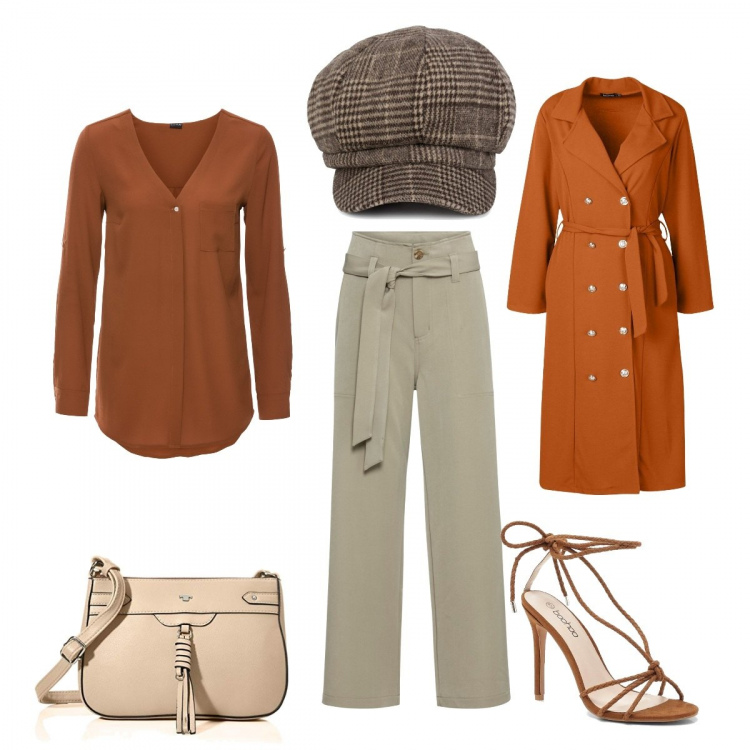 Outfit donna - Autunno nell\'aria. Stile Bon Ton Abbinamento con camicie, pantaloni, spolverino doppiopetto marrone, sandali con lacci incrociati marrone, cappelli con visiera, borse a tracolla.