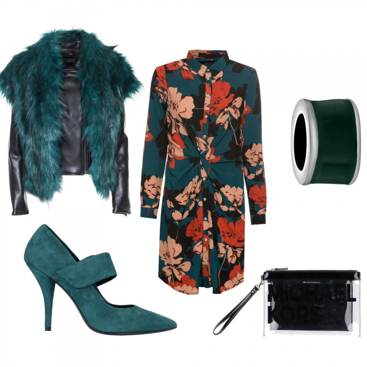 Outfit donna - Festa delle donne tra amiche. Stile Trendy per Serata fuori. Abbinamento con décolleté, pochette, vestiti, bracciale con ciondoli.