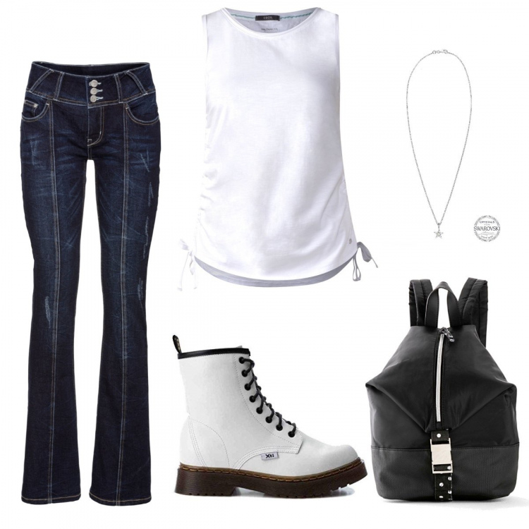 Outfit donna - Urban #4679. Stile Urban per Scuola/Università. Abbinamento con jeans bootcut, zaino, canottiera, stivaletti bianco, ciondoli.