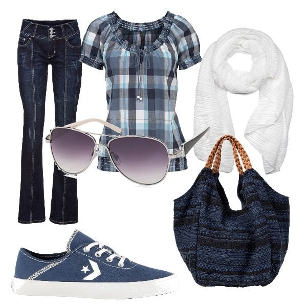 Outfit donna - 0022# A lezione in università. Stile Basic per Scuola/Università. Abbinamento con jeans bootcut, tuniche, shopping bag, foulard, occhiali da sole e montature per occhiali da vista da aviatore con strass lenti sfumate argento, sneakers.
