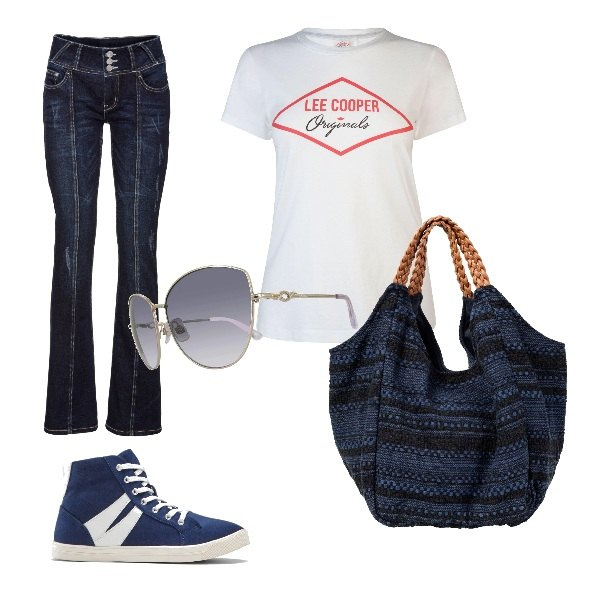 Outfit donna - 0023# A lezione università. Stile Basic per Scuola/Università. Abbinamento con jeans bootcut, shopping bag, sneakers sport con lacci blu, t-shirt, occhiali da sole.