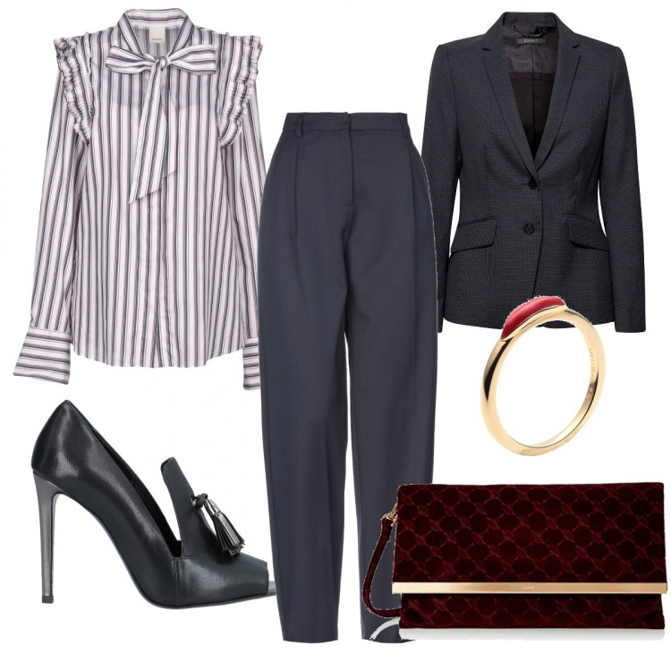 Outfit femme - Dandy woman. Style Tendance Assortir avec pantalons longs, mocassins et chaussures à lacets, clutchs et pochettes, chemises, maillots de bain, bagues.