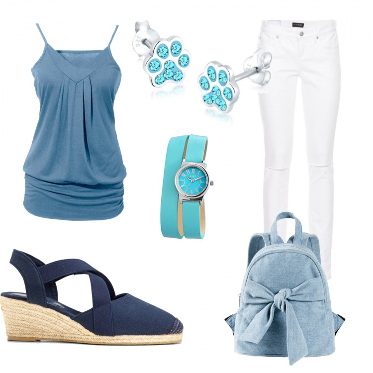 Outfit donna - Basic #5576. Stile Basic per Tutti i giorni. Abbinamento con top, sandali col tacco, jeans skinny, zaini, orologi, orecchini.