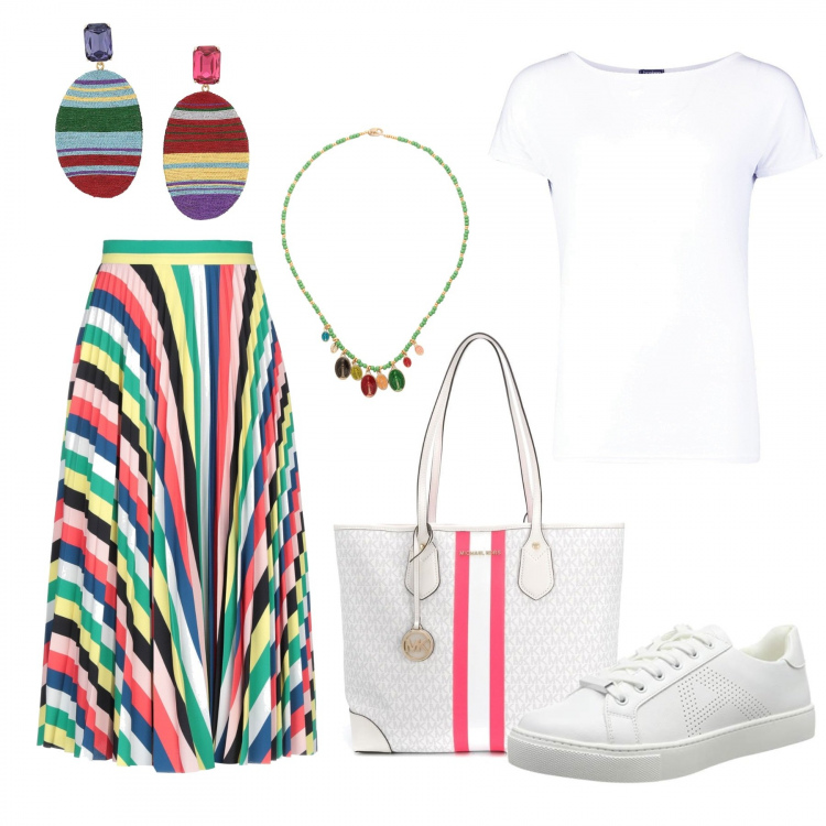 Outfit donna - Una gonna per l\'estate. Stile Trendy per Tutti i giorni. Abbinamento con gonna longuette, collane, t-shirt bianco, borsa a mano tote in pelle oro, orecchini, scarpa sportiva.