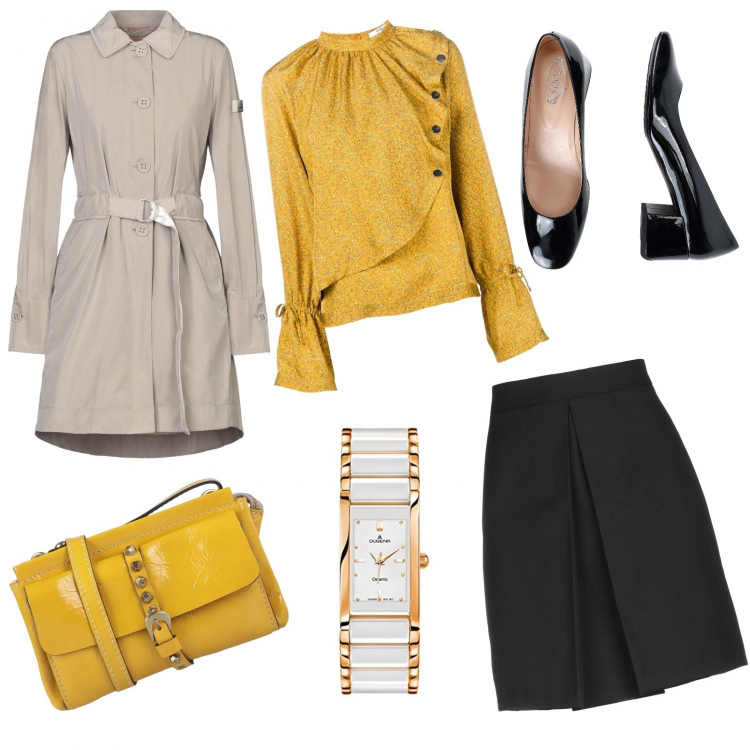 Outfit donna - Senape. Stile Urban per Ufficio. Abbinamento con gonna longuette, cappotto, décolleté effetto vernice con tacco squadrato e punta tonda tinta unita, borse a mano, blusa forma asimmetrica con stampa rigido giallo, orologi.