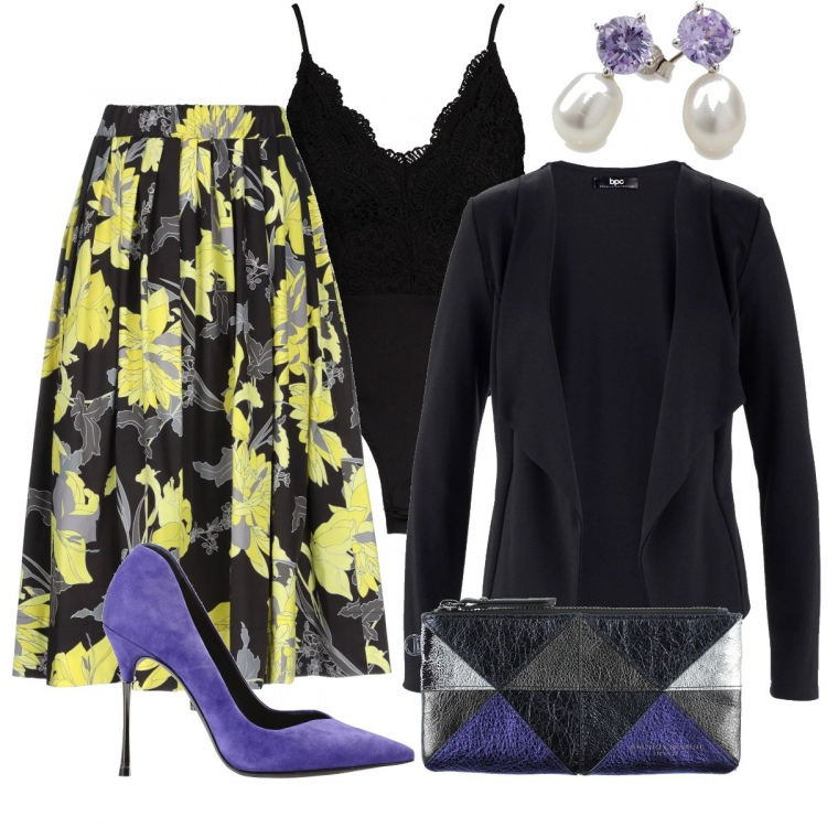 Outfit donna - Cerimonia Curvy. Stile Trendy per Cerimonia. Abbinamento con blazer, gonne longuette, décolleté, pochette, body, orecchini.