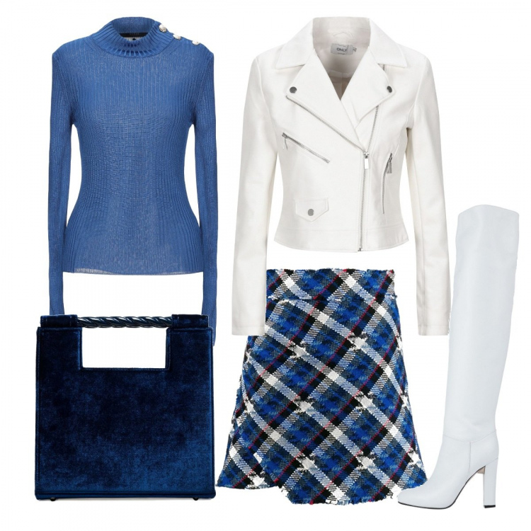Outfit donna - Come una ragazzina. Stile Trendy per Tutti i giorni. Abbinamento con pullovers, cappotti, stivali, minigonna, borsa a mano tote in velluto fondo con piedini blu.