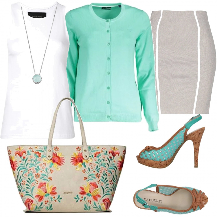 Outfit donna - Offerte di marzo. Stile Bon Ton per Tutti i giorni. Abbinamento con sandali col tacco, gonne longuette, canottiere, cardigan, collana girocollo in argento 925 argento, borsa a mano.