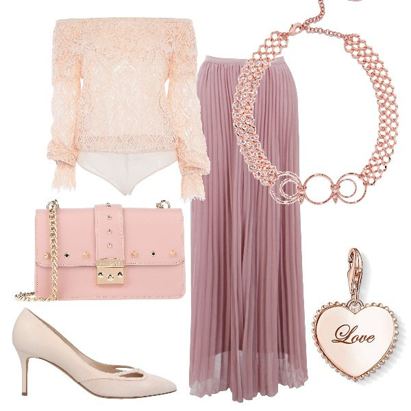 Outfit donna - Chic #5444. Stile Chic per Cerimonia. Abbinamento con bluse, borsa a tracolla, collane, décolleté, gonne, accessori per capelli.
