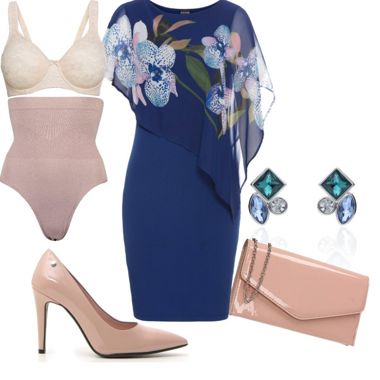 Outfit donna - Elegante con semplicità. Stile Chic per Cerimonia. Abbinamento con reggiseni, vestiti, perizoma, décolleté, pochette, orecchini azzurro.