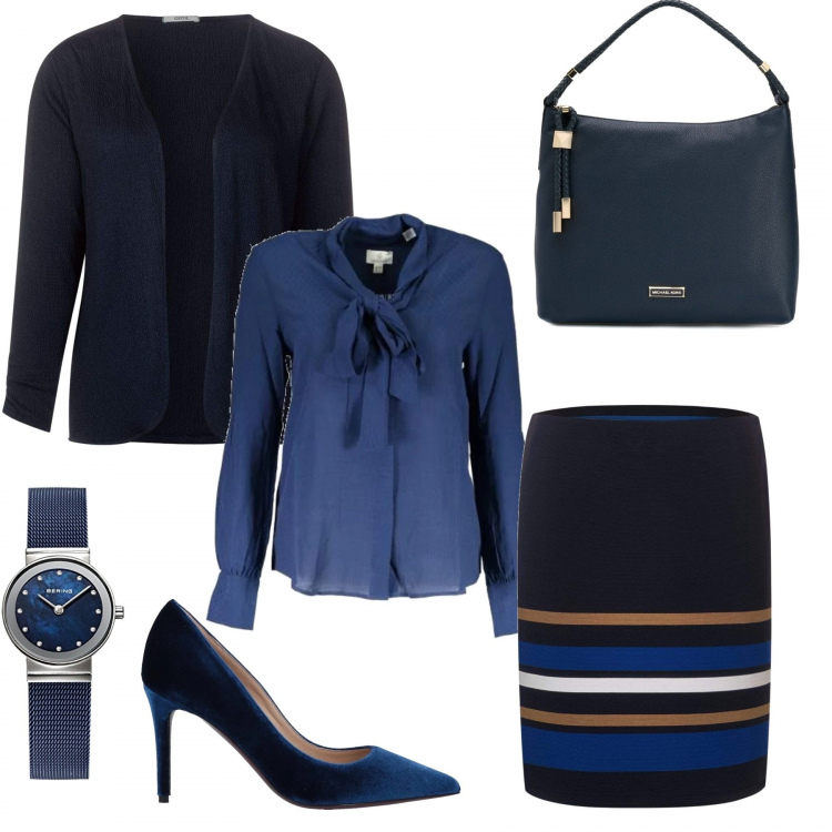 Outfit donna - La gonna trendy. Stile Bon Ton per Ufficio. Abbinamento con décolleté, pendente con manico e zip in pelle oro, minigonne, camicie, cardigans, orologi.