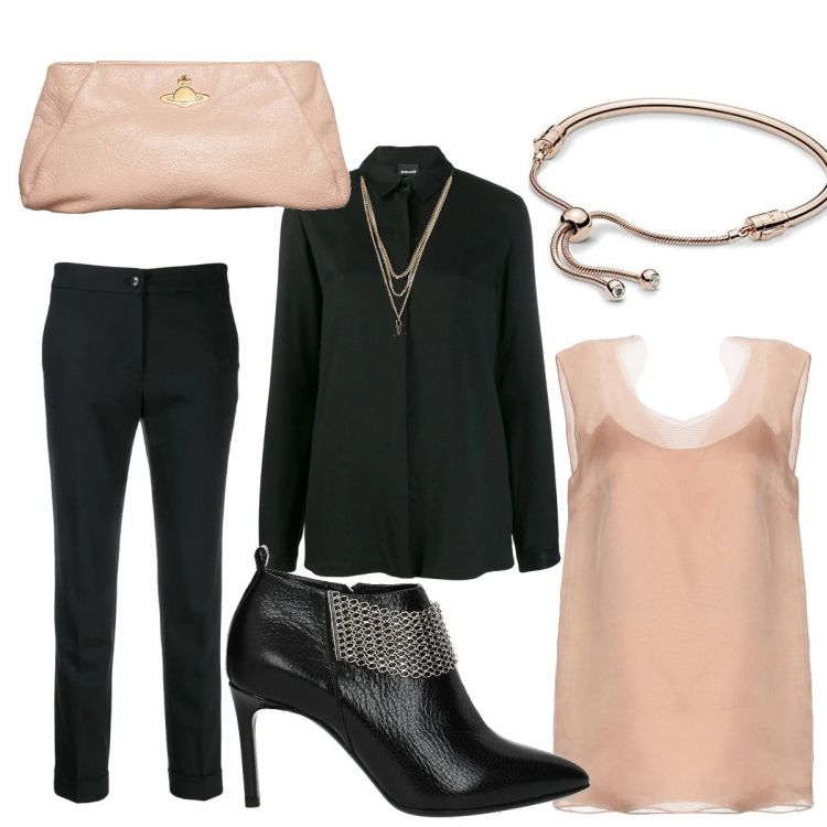 Outfit donna - In ufficio con stile. Stile Chic per Ufficio. Abbinamento con top, stivaletti, camicia, pantalone crop con zip nero, borsa a mano, ciondoli.
