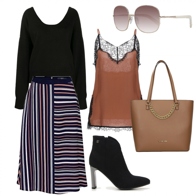 Outfit donna - La gonna a righe. Stile Chic per Ufficio. Abbinamento con top, borse a spalla, maglioni, gonne, stivaletti, occhiali da sole forma ovale.