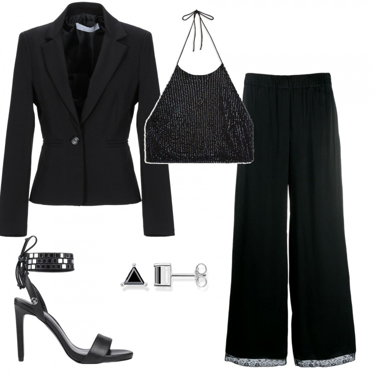 Outfit donna - FordInspo. Stile Chic per Serata fuori. Abbinamento con top, sandali con tacco, blazer, pantalone forma svasata nero, orecchini.