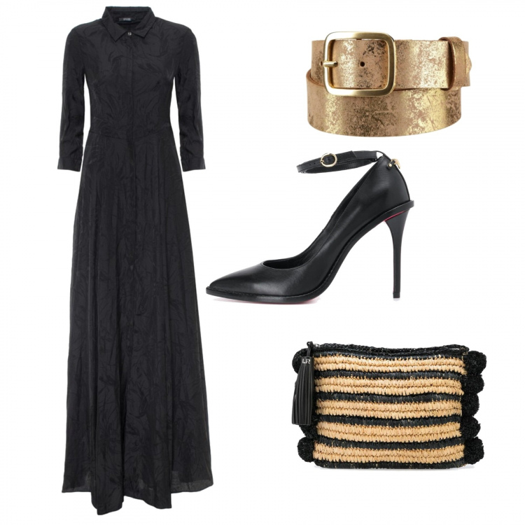 Outfit donna - Tom Ford style. Stile Bon Ton per Cerimonia. Abbinamento con clutch a righe con zip in rafia, décolleté, vestito, cinture.