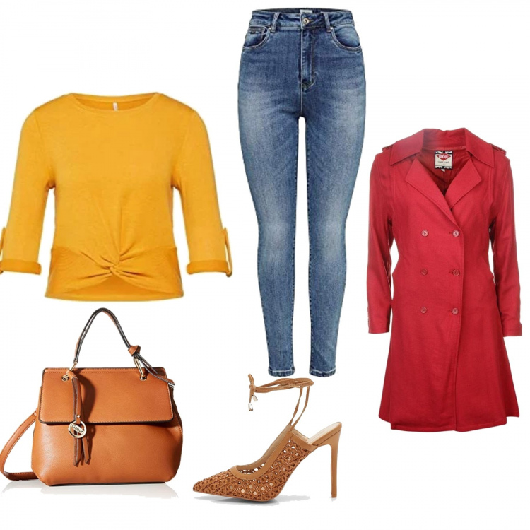 Outfit donna - Primavera in arrivo. Stile Trendy per Tutti i giorni. Abbinamento con scarpe, trench, jeans skinny, top, borsa a tracolla.