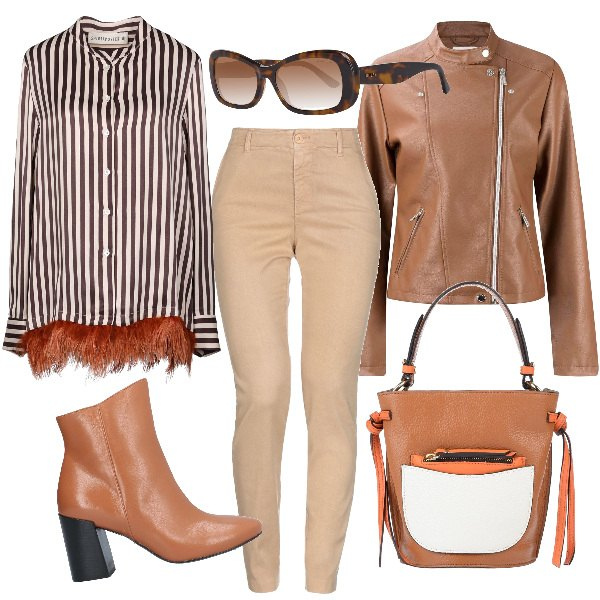 Outfit donna - Brown & beige super saldi trendy. Stile Trendy per Tutti i giorni. Abbinamento con camicie, pantalone lungo, borse a mano, stivaletti con tacco squadrato e punta tonda tinta unita, blazer, occhiali da sole.
