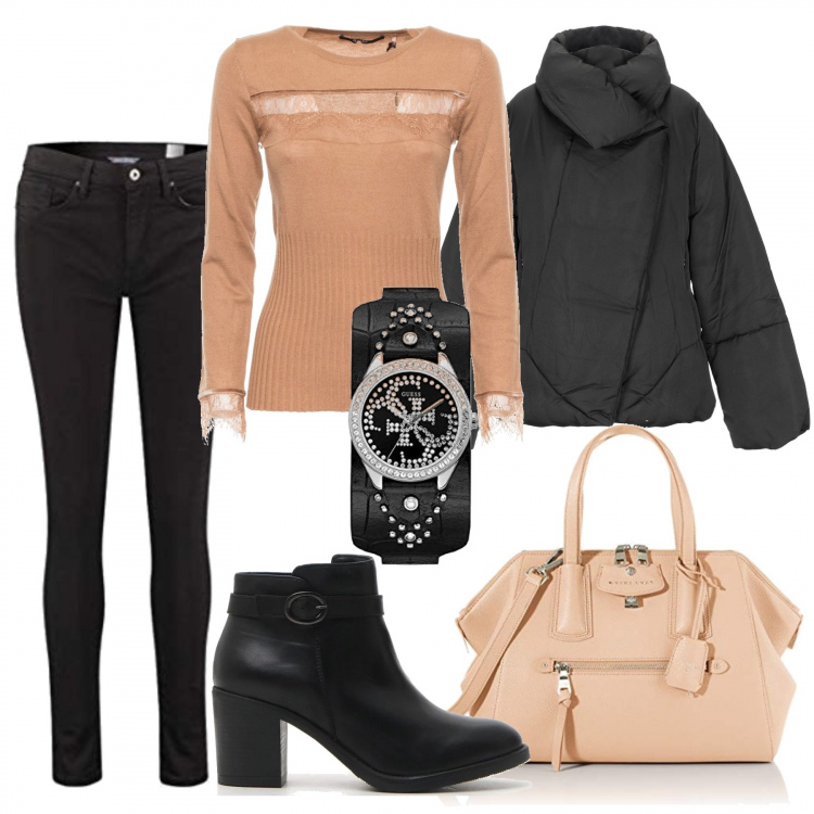 Outfit donna - Le offerte di Marzo!. Stile Trendy per Tutti i giorni. Abbinamento con giubbotto, maglia girocollo, borse a mano, jeans skinny, stivaletti, orologi analogici.