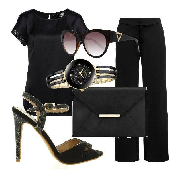 Outfit donna - Tom Ford Inspiration. Stile Chic per Serata fuori. Abbinamento con tuniche, pantaloni capri, sandali, orologi, borsa a tracolla, occhiali da sole.