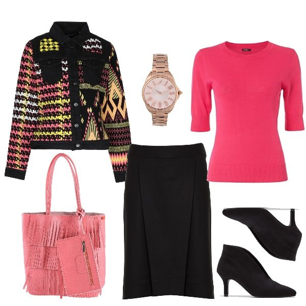 Outfit donna - Gonna trendy in ufficio. Stile Trendy per Ufficio. Abbinamento con giubbotto fantasia multicolore effetto laminato collo classico a maniche lunghe interno sfoderato in denim monopetto, orologi, borse a mano, zaini, maglione con scollo a maniche corte tinta unita fucsia, gonna.