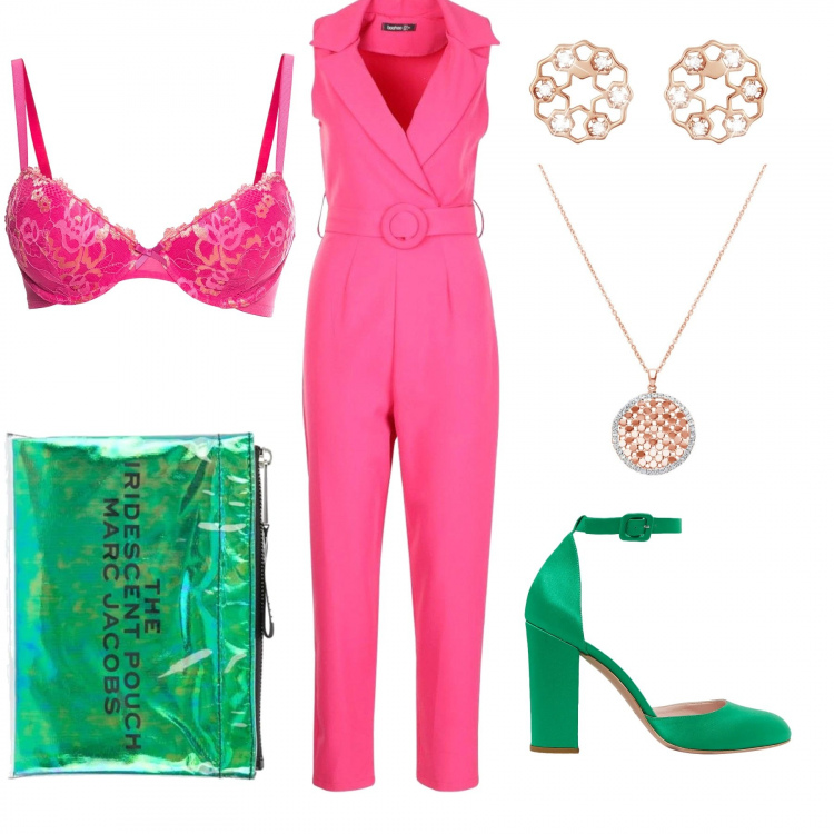 Outfit donna - Gigi Hadid inspo. Stile Sexy per Serata fuori. Abbinamento con décolleté, bikini, jumpsuit wide leg con cintura rosa, borsa da viaggio con zip, orecchini con pizzo in ottone, pendente con strass girocollo.