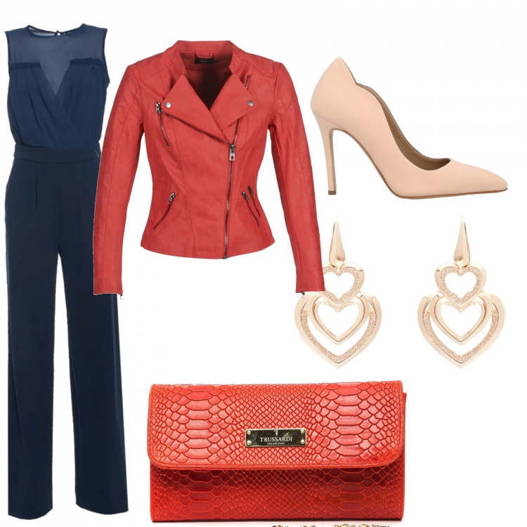 Outfit donna - Rosso e blu. Abbinamento con décolleté, blazer, vestiti, orecchini glitter in ottone, pochette.