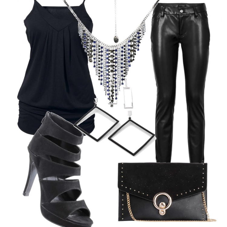 Outfit donna - Trendy #10132. Stile Trendy per Serata fuori. Abbinamento con top, pantaloni, sandali col tacco, borsa a tracolla, orecchini argento e nero, collana.