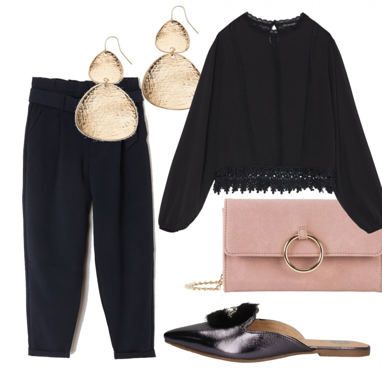 Outfit donna - Urban #4794. Stile Urban per Tutti i giorni. Abbinamento con cappotti, orecchini, blusa, pantalone lungo, sandali.