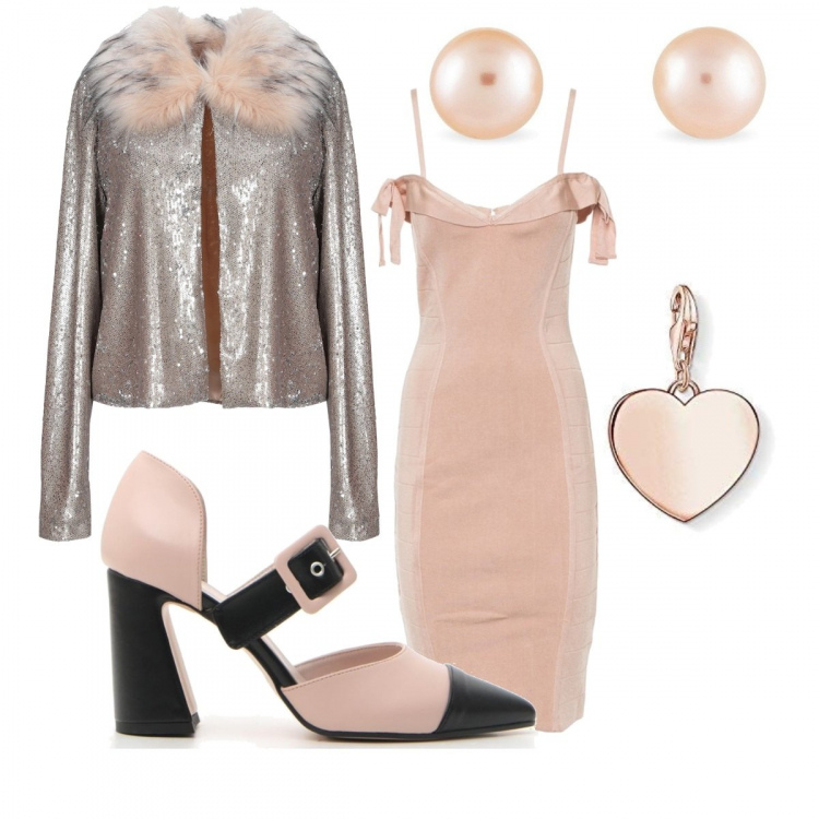 Outfit donna - Tom Ford cipria. Stile Bon Ton per Cerimonia. Abbinamento con blazer, vestiti, décolleté, pendente, orecchini con perle in oro giallo rosa.