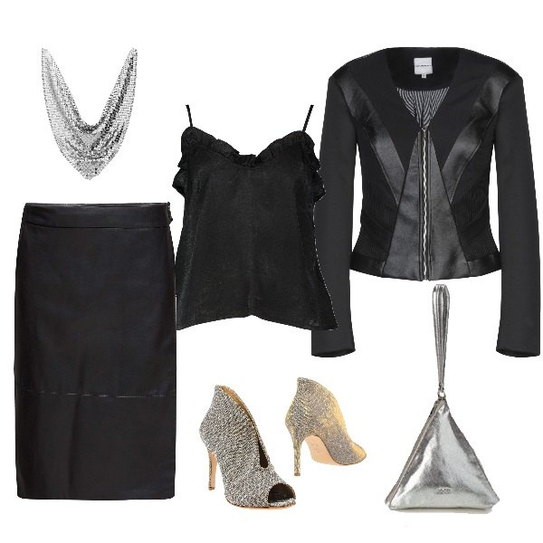 Outfit donna - INSPO Tom Ford. Stile Trendy per Serata fuori. Abbinamento con stivaletti, blazer, top, gonne, borse a mano, foulard con strass girocollo argento.